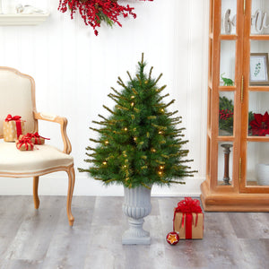 44” New England Pine Artificial Christmas Tree with 50 Clear Lights and 117 Bendable Branches in Decorative Urn