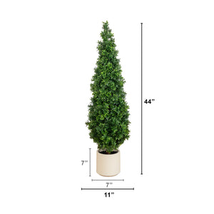 44" UV Resistant Artificial Boxwood Topiary Cone Tree in Decorative White Planter (Indoor/Outdoor)