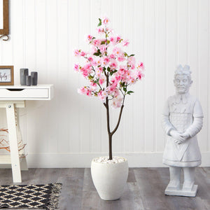 4.5’ Cherry Blossom Artificial Tree in White Planter