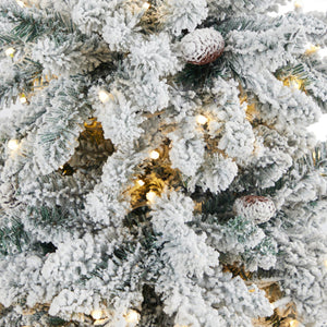 4.5’ Flocked Livingston Fir Artificial Christmas Tree with Pine Cones and 150 Clear Warm LED Lights in Charcoal Urn