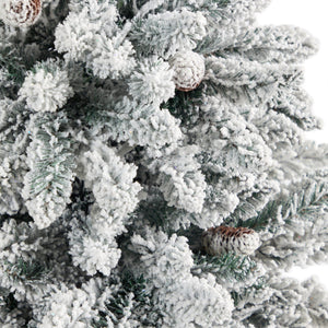 4.5’ Flocked Livingston Fir Artificial Christmas Tree with Pine Cones and 150 Clear Warm LED Lights in Tall White Planter