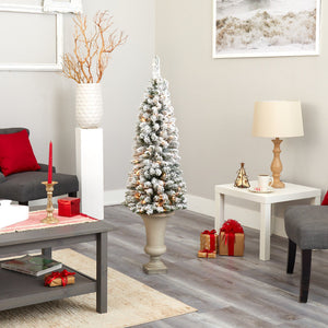 4.5’ Flocked Pencil Artificial Christmas Tree with 100 Clear Lights and 216 Bendable Branches in Sand Colored Urn