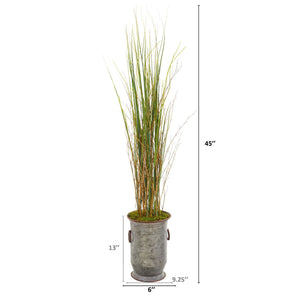 45” Grass and Bamboo Artificial Plant in Vintage Metal Planter