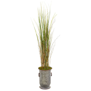 45” Grass and Bamboo Artificial Plant in Vintage Metal Planter