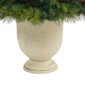 4.5’ North Carolina Mixed Pine Artificial Christmas Tree with 130 Warm White LED Lights, 459 Bendable Branches and Pinecones in Decorative Urn