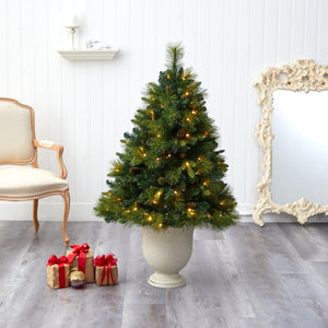 4.5’ North Carolina Mixed Pine Artificial Christmas Tree with 130 Warm White LED Lights, 459 Bendable Branches and Pinecones in Decorative Urn