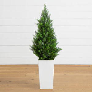 45" UV Resistant Artificial Cedar Tree in White Tower Planter (Indoor/Outdoor)