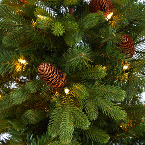 4.5’ Yukon Mountain Fir Artificial Christmas Tree with 100 Clear Lights, Pine Cones and 386 Bendable Branches in Charcoal Planter