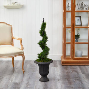 46” Cypress Spiral Topiary Artificial Tree in Charcoal Urn