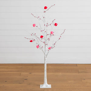 4' Pre-Lit Artificial Valentine's Day Twig Tree with 48 Heart Shaped LED Lights and Red Berries
