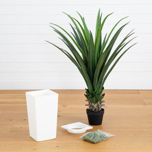 4' UV Resistant Artificial Spiked Agave Plant in White Tower Planter (Indoor/Outdoor)