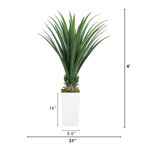 4' UV Resistant Artificial Spiked Agave Plant in White Tower Planter (Indoor/Outdoor)