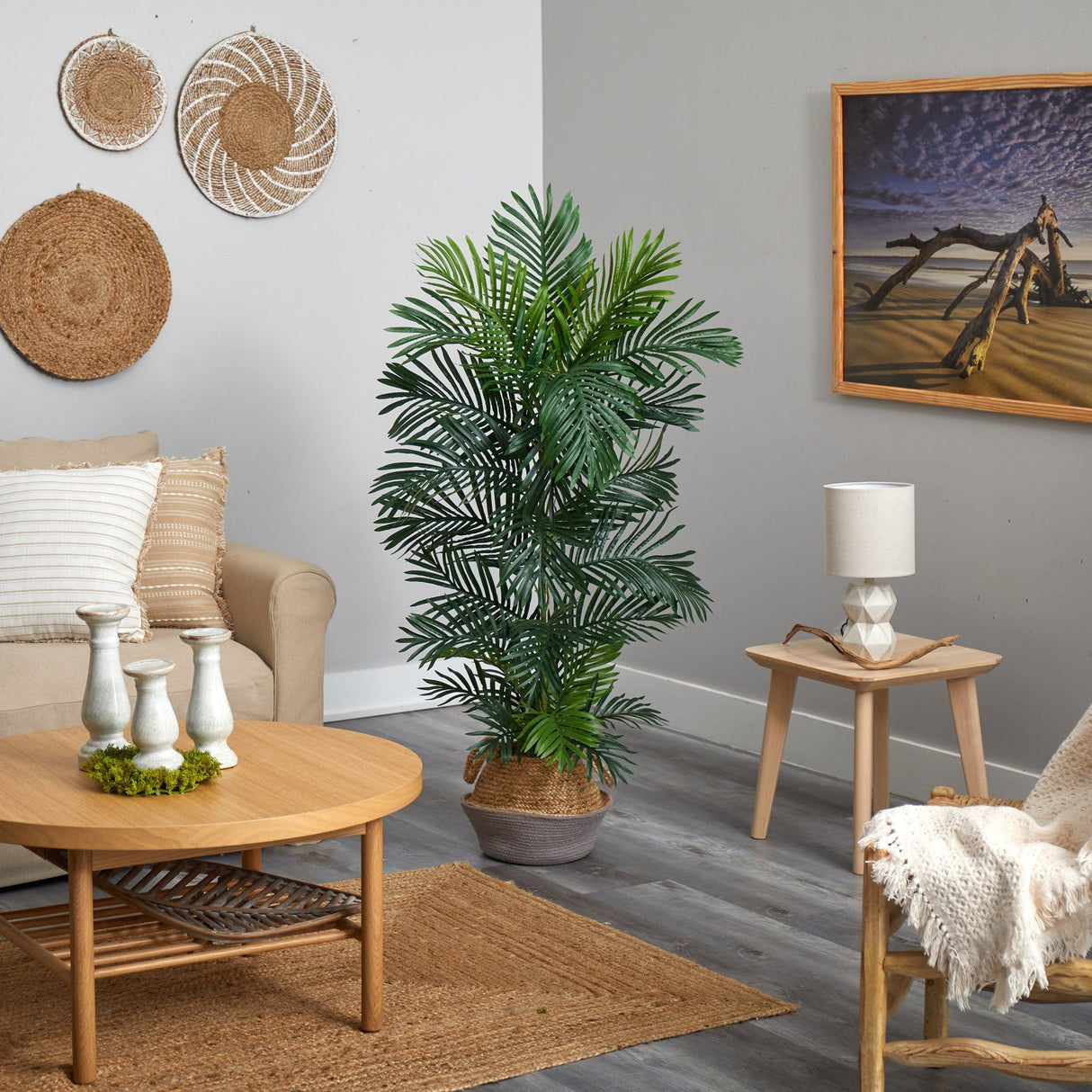 5’ Areca Palm Tree in Boho Chic Handmade Cotton & Jute Gray Woven Planter UV Resistant