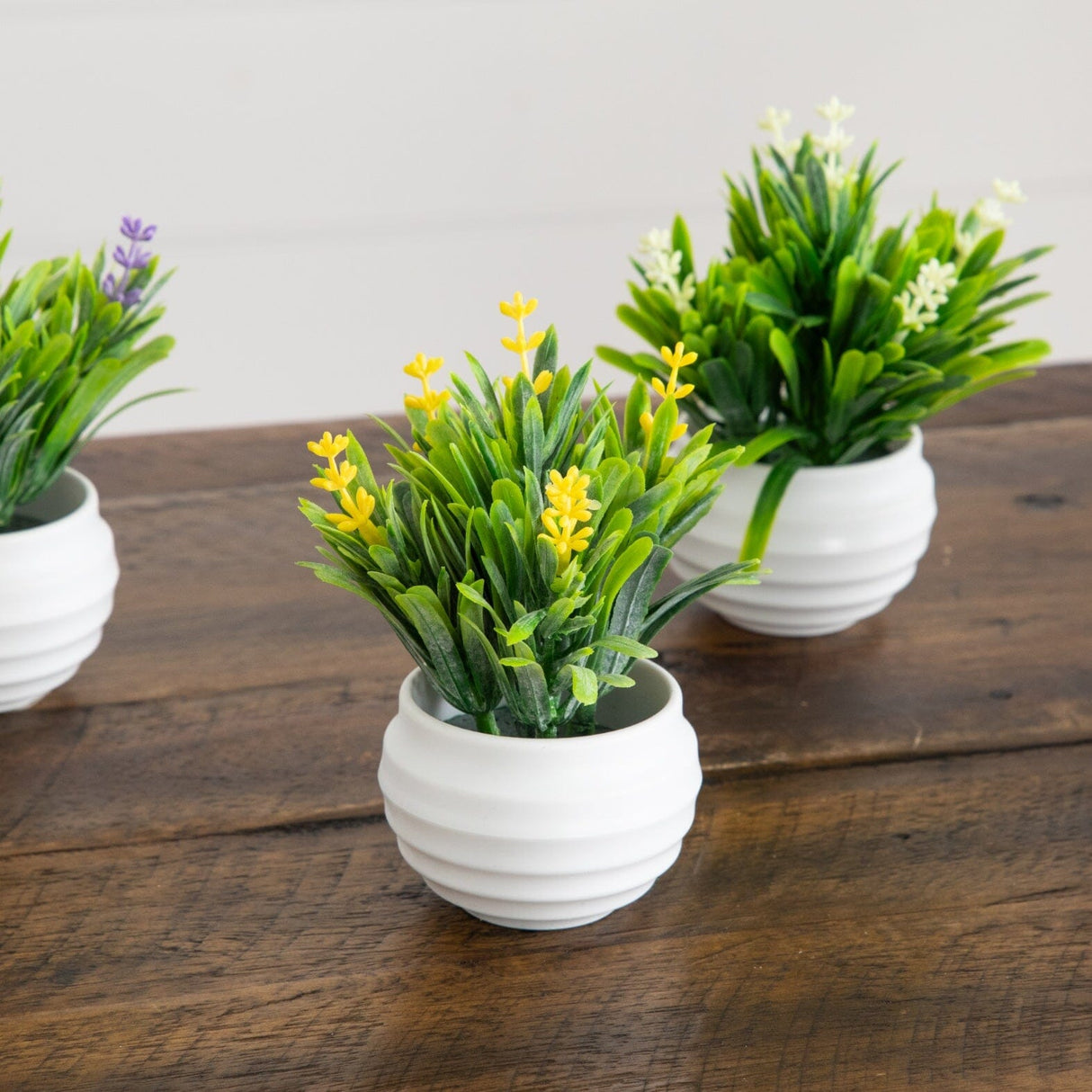 5" Artificial Mini Flowering Lavender Arrangement in White Decorative Oval Planter - Set of 4
