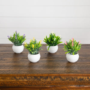 5" Artificial Mini Flowering Lavender Arrangement in White Decorative Oval Planter - Set of 4