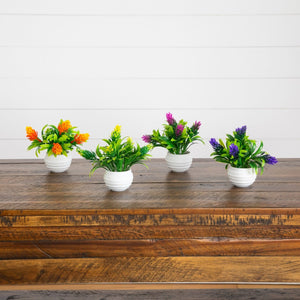 5” Artificial Mini Flowering Plant in White Decorative Oval Planter  - Set of 4