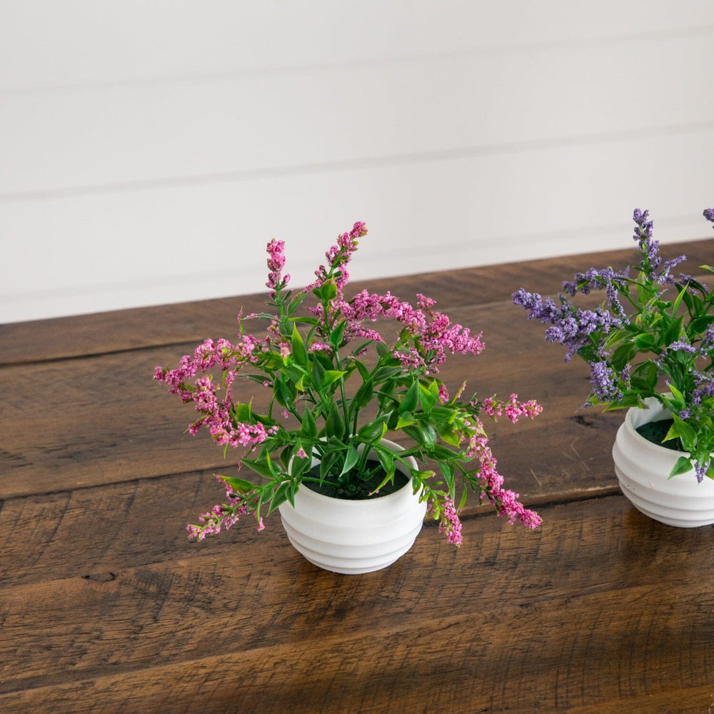 5” Artificial Mini Lavender Plant in White Decorative Oval Planter - Set of 3