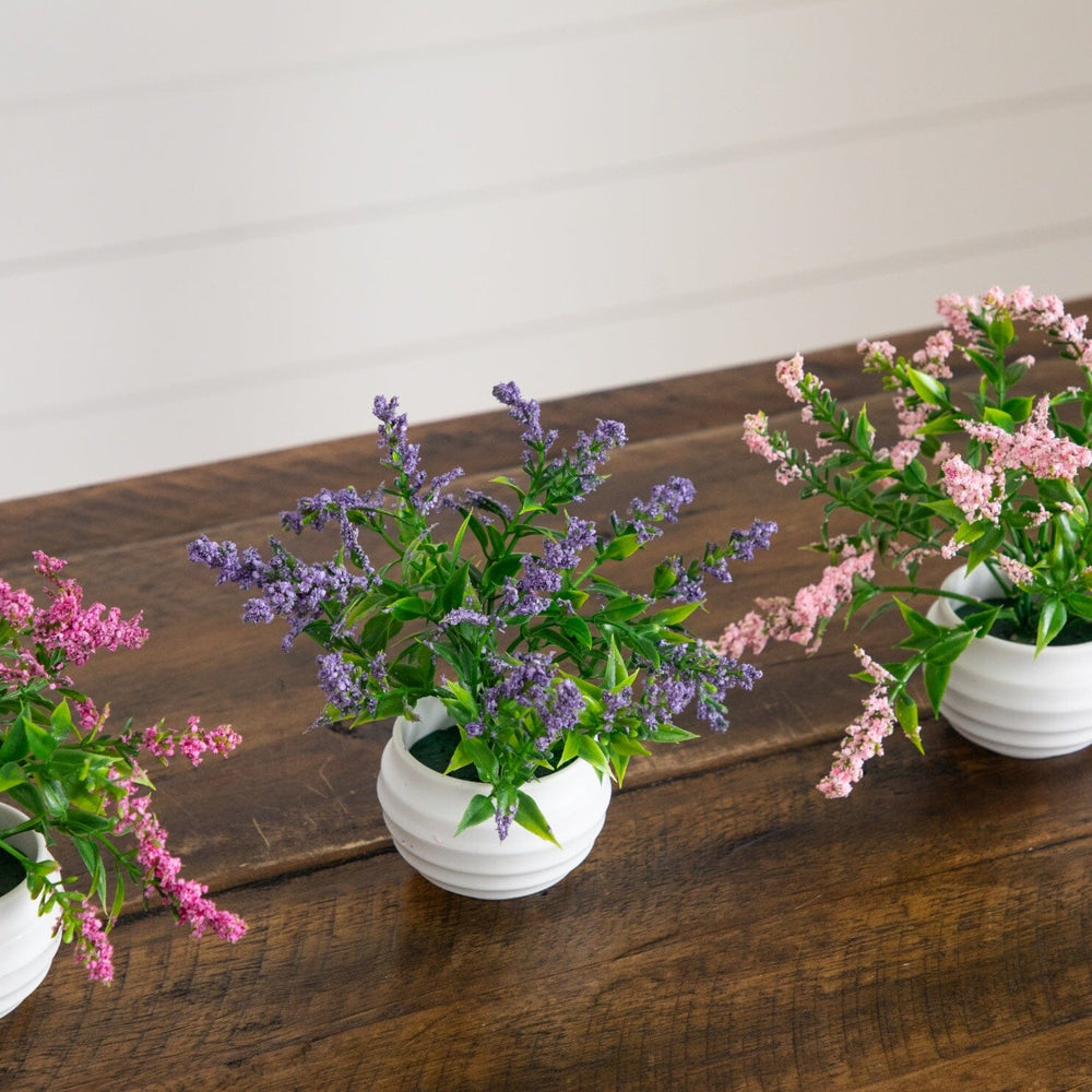 5” Artificial Mini Lavender Plant in White Decorative Oval Planter - Set of 3