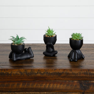 5" Artificial Succulent Plants in Plyaful Decorative Black Planters - Set of 3