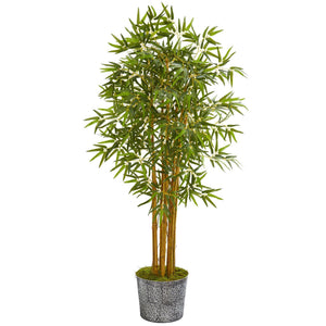 5’ Bamboo Artificial Tree in Black Embossed Tin Planter