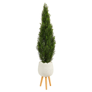 5' Cedar Artificial Tree in White Planter with Stand (Indoor/Outdoor)