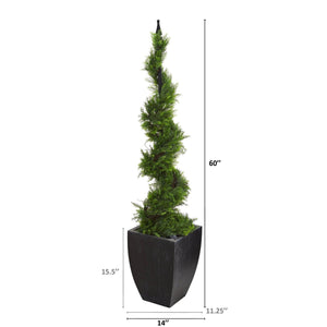 5’ Cypress Artificial Spiral Topiary Tree in Black Planter