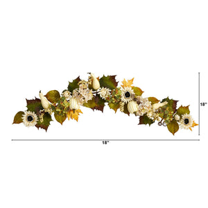 5’ Fall Sunflower, Hydrangea and White Pumpkin Artificial Autumn Garland