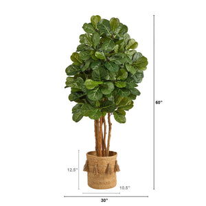 5’ Fiddle Leaf Fig Artificial Tree in Handmade Natural Jute Planter with Tassels