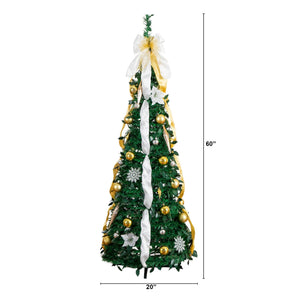 5' Pre-Lit Artificial Pop up Christmas Tree with Gold & Silver Ornaments, Ribbons and 100 Warm White LED Lights