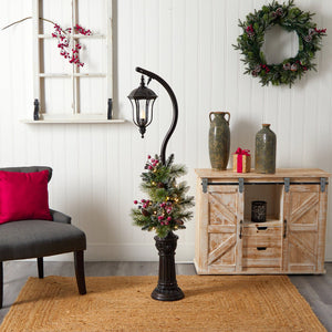 5' Holiday Decorated Lamp Post with Greenery, Berries and 30 LED Lights