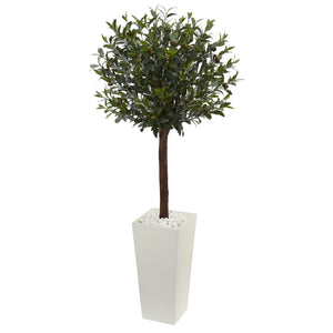 5’ Olive Topiary Artificial Tree in White Tower Planter