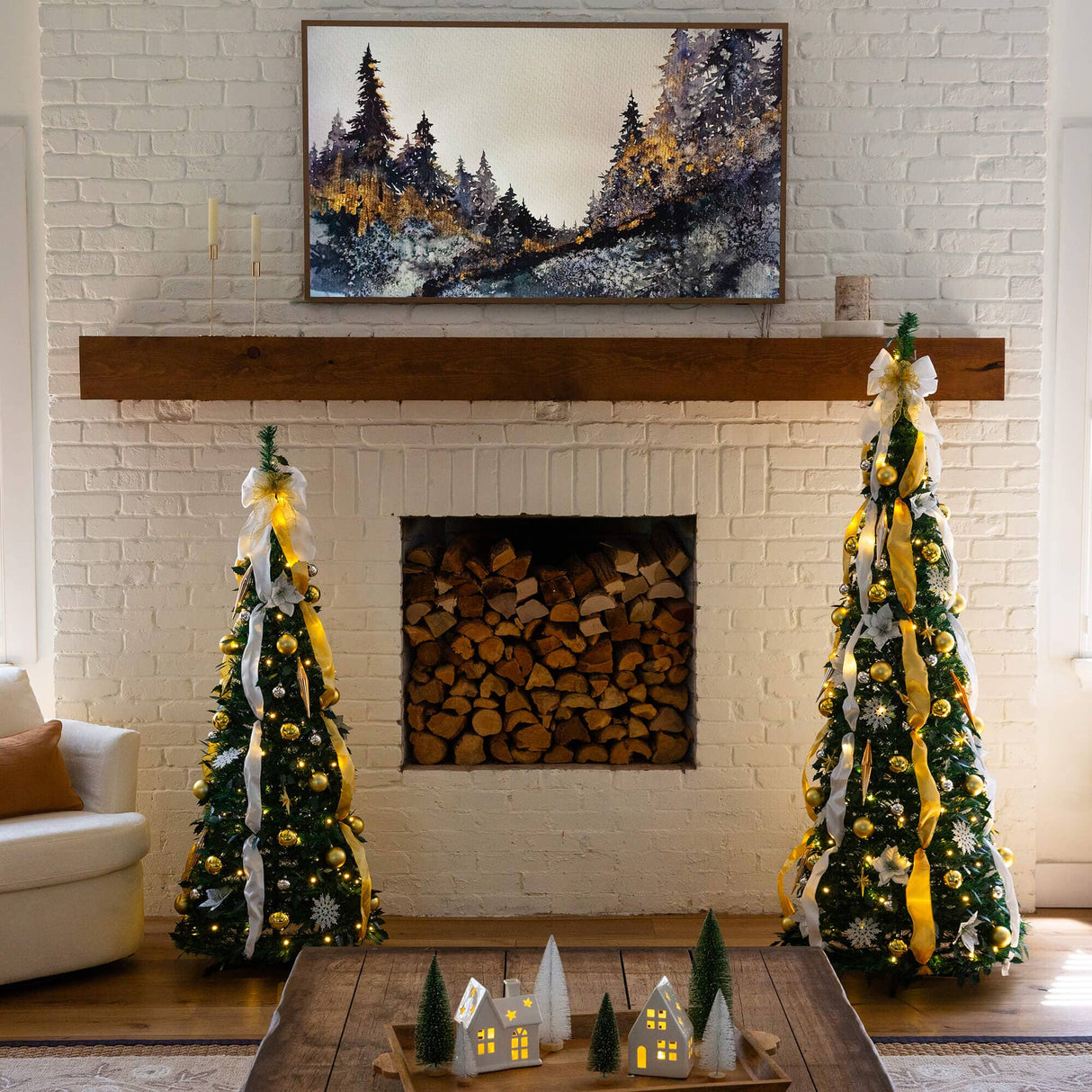 5' Pre-Lit Artificial Pop up Christmas Tree with Gold & Silver Ornaments, Ribbons and 100 Warm White LED Lights
