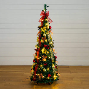 5' Pre-Lit Artificial Pop up Christmas Tree with Red & Gold Ornaments, Ribbons and 100 Warm White LED Lights