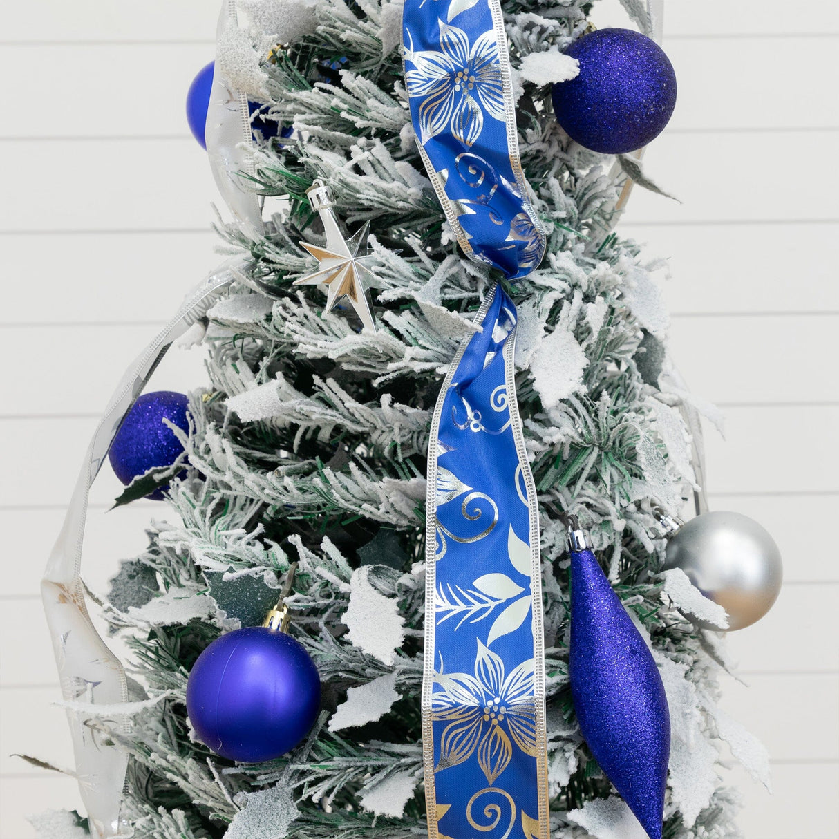 5' Pre-Lit Artificial Pop Up Flocked Christmas Tree with Silver & Blue Ornaments, Ribbons  and 100 Warm White LED Lights