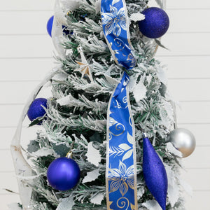 5' Pre-Lit Artificial Pop Up Flocked Christmas Tree with Silver & Blue Ornaments, Ribbons  and 100 Warm White LED Lights