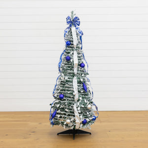 5' Pre-Lit Artificial Pop Up Flocked Christmas Tree with Silver & Blue Ornaments, Ribbons  and 100 Warm White LED Lights