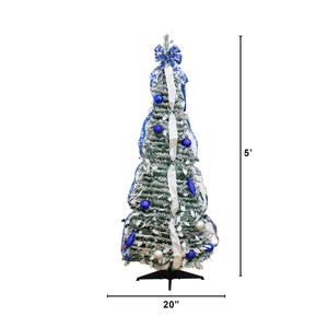 5' Pre-Lit Artificial Pop Up Flocked Christmas Tree with Silver & Blue Ornaments, Ribbons  and 100 Warm White LED Lights