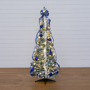 5' Pre-Lit Artificial Pop Up Flocked Christmas Tree with Silver & Blue Ornaments, Ribbons  and 100 Warm White LED Lights
