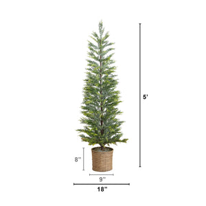 5’ Pre-Lit Artificial Snowed Cypress Christmas Tree with 140 LED Lights in Hyacinth Basket
