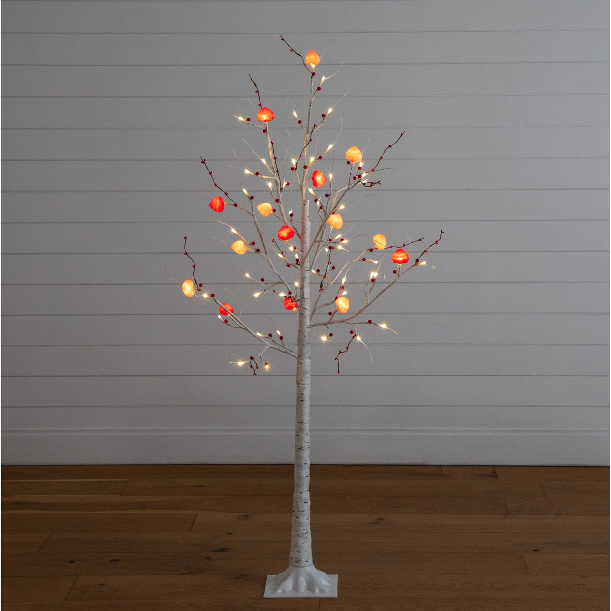 5' Pre-Lit Artificial Valentine's Day Twig Tree with 72 Heart Shaped LED Lights and Red Berries
