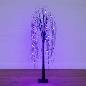 5’ Pre-Lit Halloween Black Willow Artificial Fall Tree with 144 Orange & Purple LED Lights