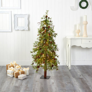5' Wyoming Alpine Artificial Christmas Tree with 100 Clear (multifunction) LED Lights and Pine Cones on Natural Trunk