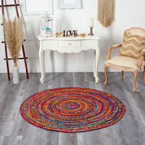 5’ x 5’ Hand Braided Boho Colorful Chindi Round Rug