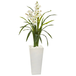 50” Cymbidium Orchid Artificial Plant in White Tower Planter