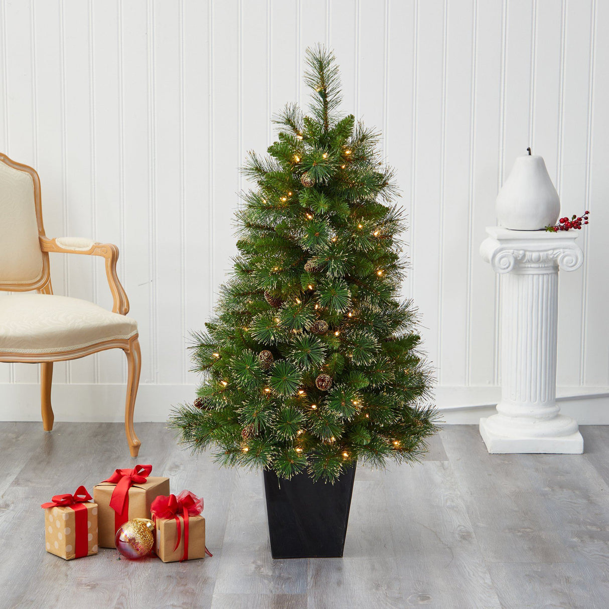 50” Golden Tip Washington Pine Artificial Christmas Tree with 100 Clear Lights, Pine Cones and 336 Bendable Branches in Black Metal Planter