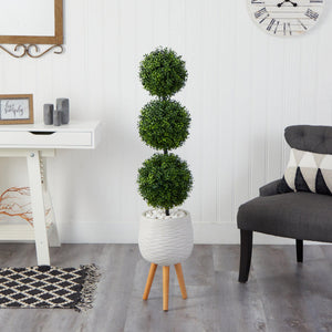 51” Boxwood Triple Ball Topiary Artificial Tree in White Planter with Stand (Indoor/Outdoor