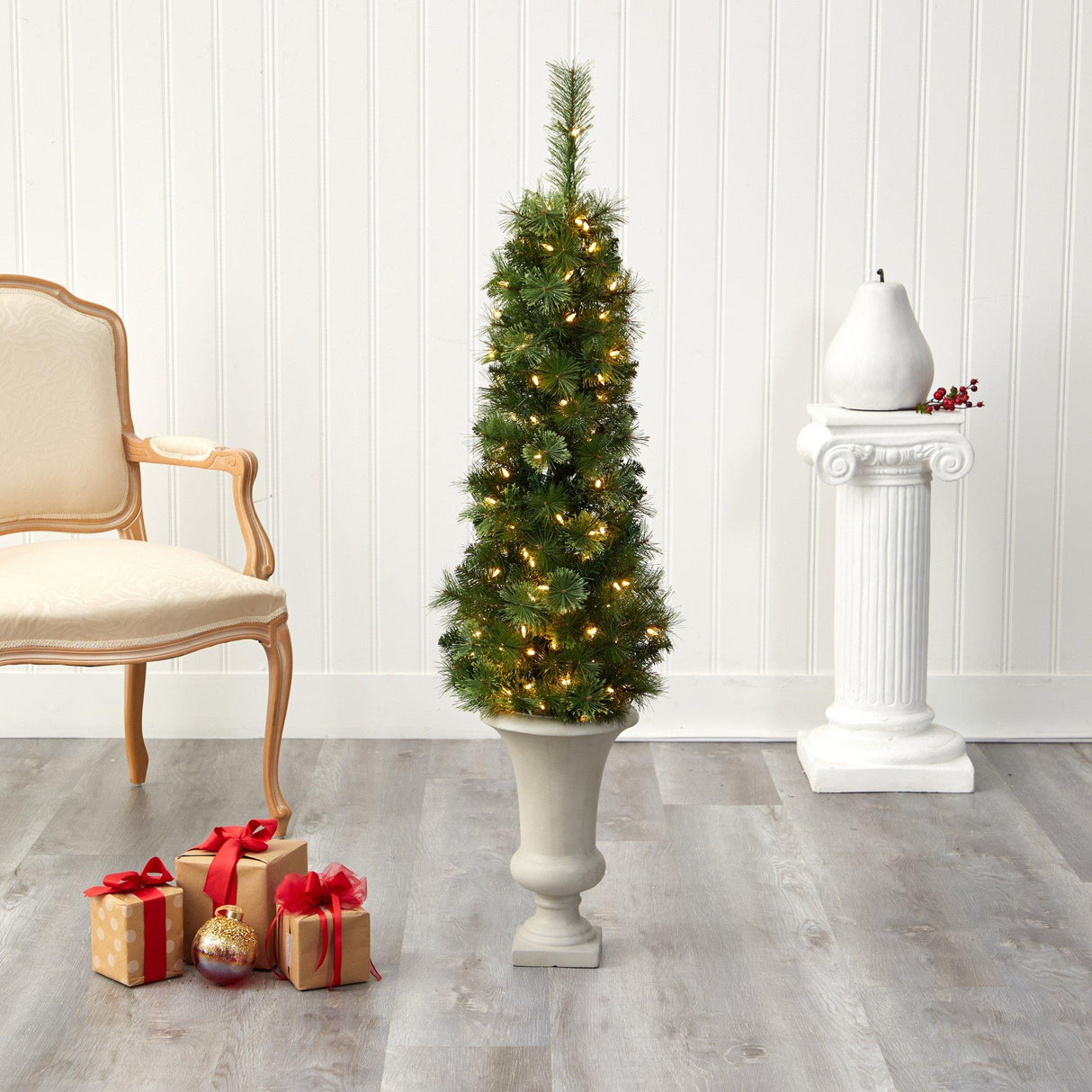 52” Green Pencil Artificial Christmas Tree with 100 Clear (Multifunction) LED Lights and 140 Bendable Branches in Sand Colored Urn