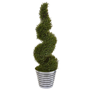 53” Rosemary Spiral Topiary Artificial Tree in Decorative Tin Bucket (Indoor/Outdoor)