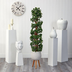 5.5’ English Ivy Topiary Spiral Artificial Tree in White Planter with Stand  (Indoor/Outdoor)