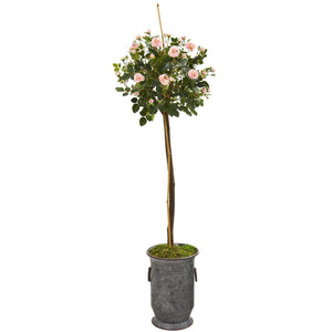 56” Rose Topiary Artificial Tree in Vintage Metal Planter